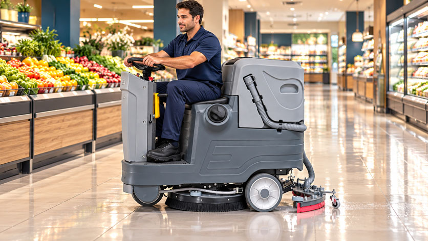 Illustrated EM-500X cleaning a spacious retail aisle