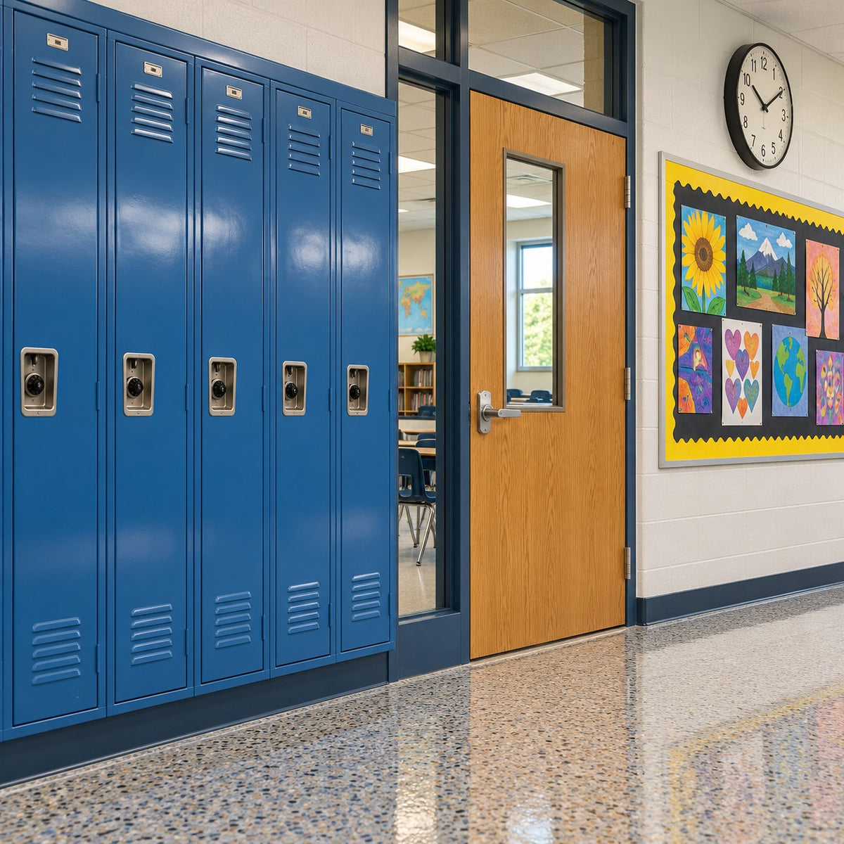 Illustrated schools with sealed hard floor