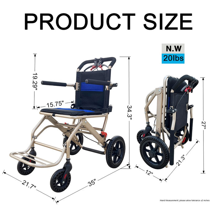 Emotor Ultralight Folding Transport Wheelchair with 16" Wide Seat, Aluminium Foldable Portable Transporting Chair Durable for Adults Seniors(Max. 265lbs)