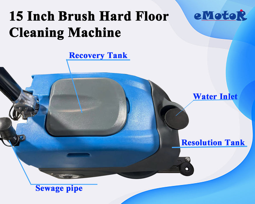 Emotor 15" Foldable Hand Push Walk Behind Floor Scrubber Machine with Brush and 23" Sequeegee