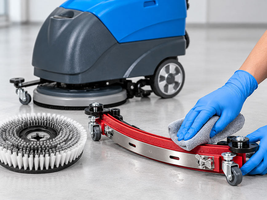 Scrubbing brush and red squeegee rubber