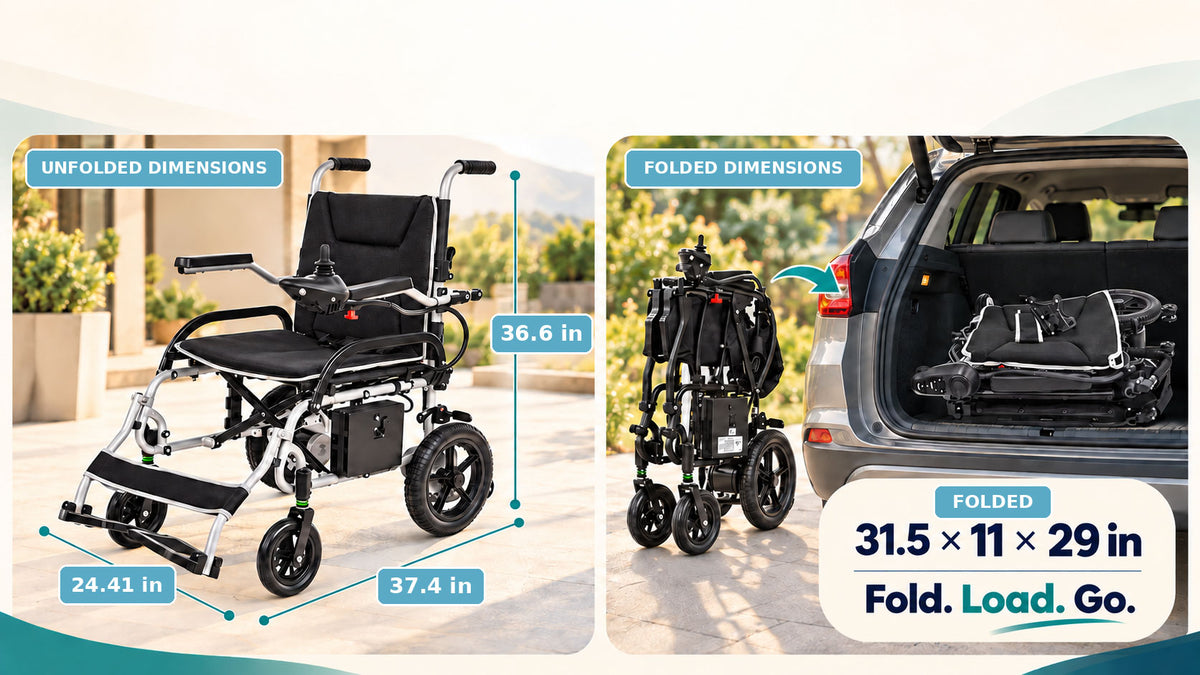 Electric wheelchair shown unfolded and folded