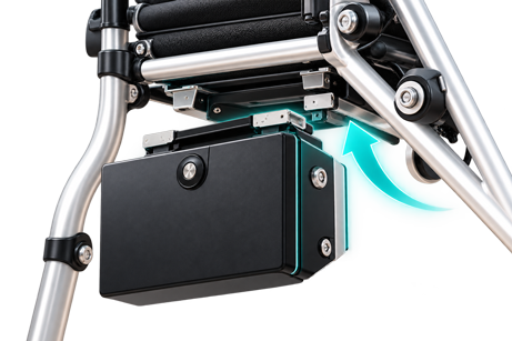 Detachable wheelchair battery lifting from its mount