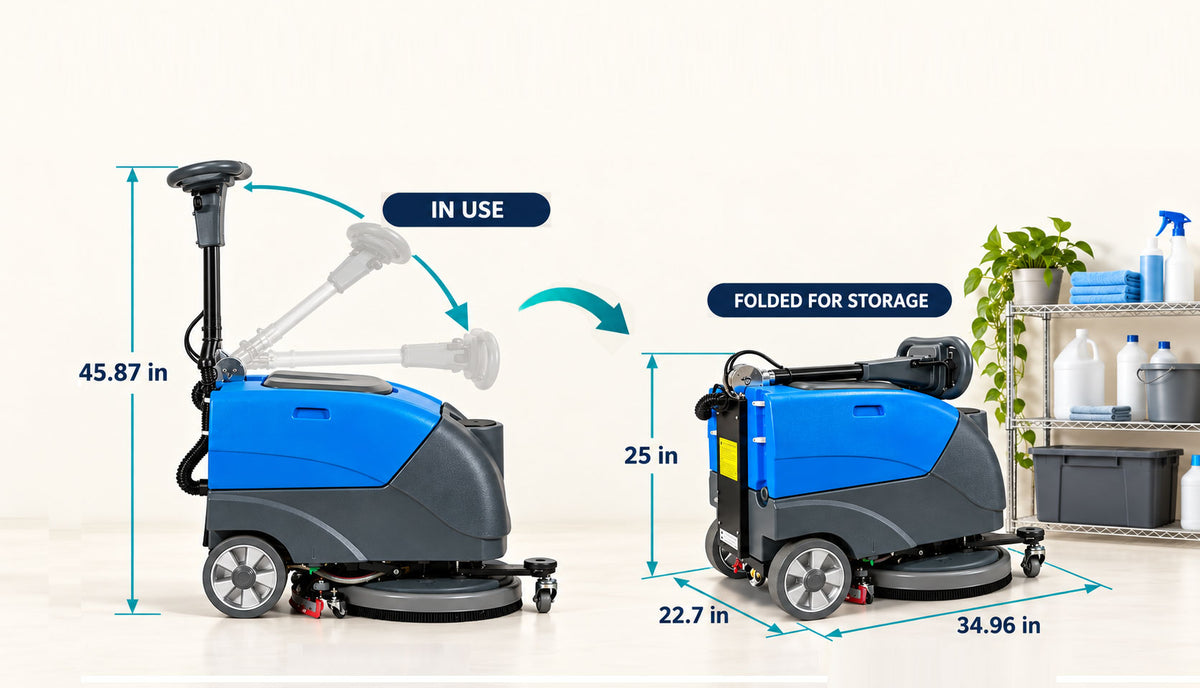 E-Motor 300 handle adjustment and folded storage illustration