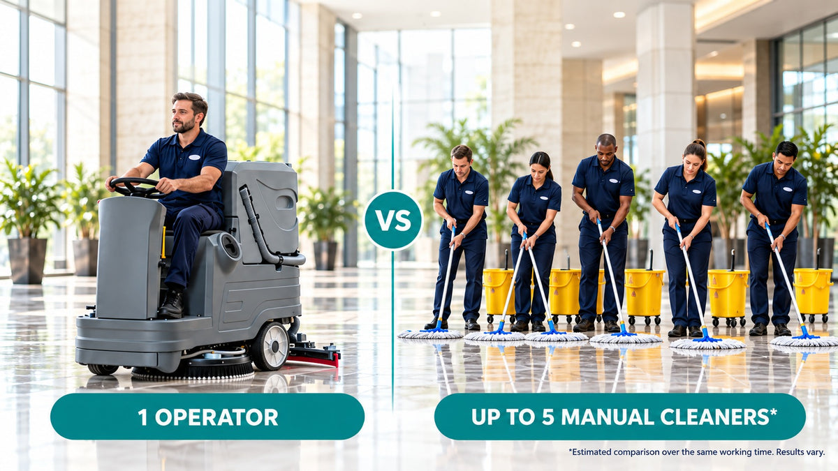 Illustrative manpower comparison: one seated scrubber operator and five manual mop cleaners