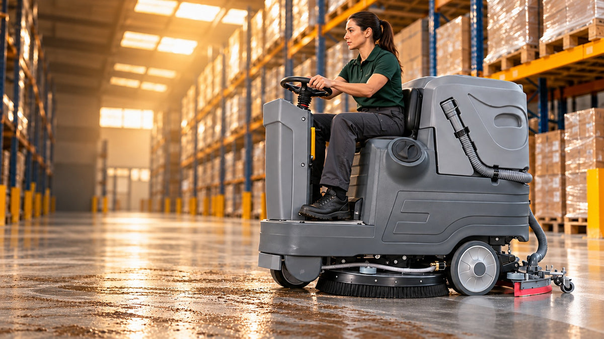 EM-500X ride-on scrubber in a warehouse; illustrated cover